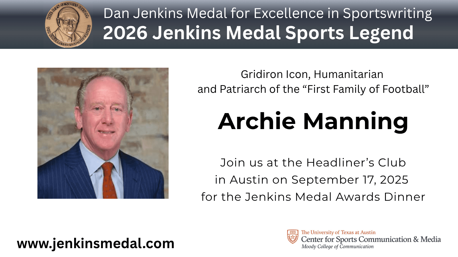 2026 Jenkins Medal Sports Legend Archie Manning